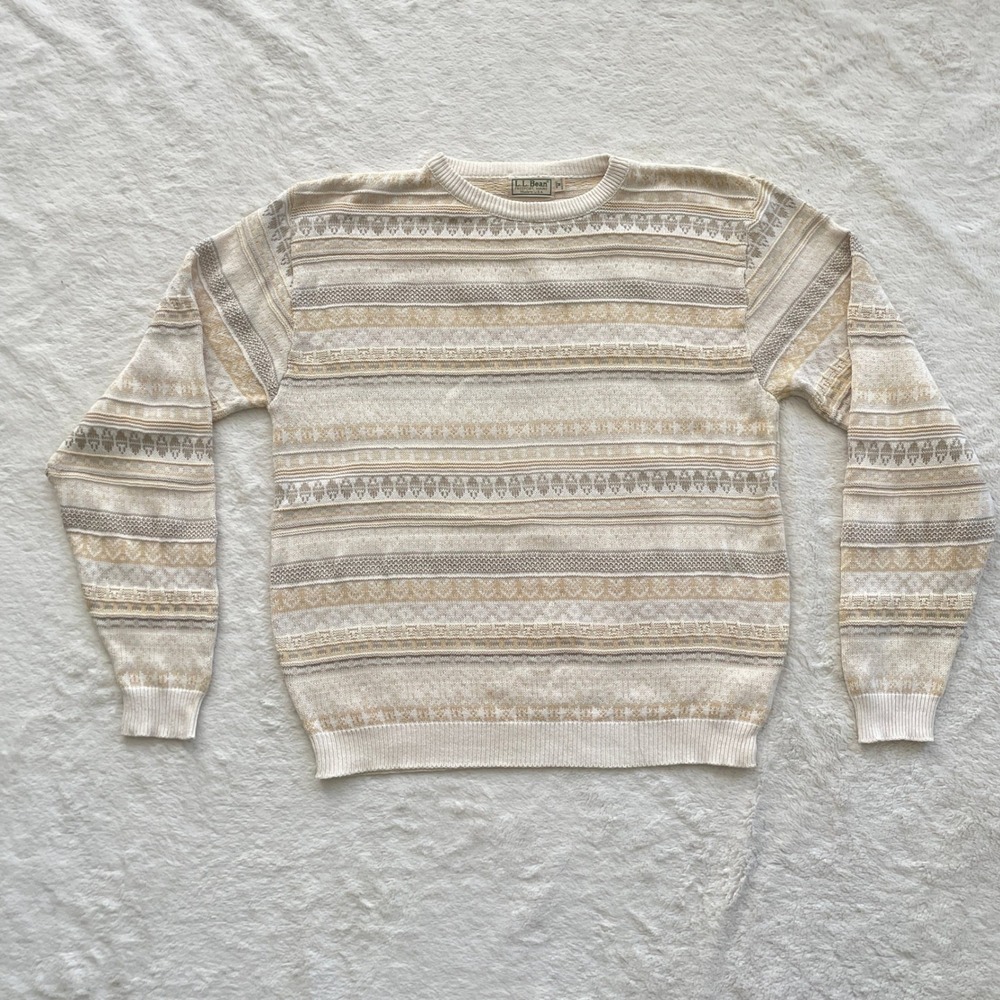 Vintage LL Bean Mens Fair Isle Crewneck Sweater Cream Tan Made in USA Size Med